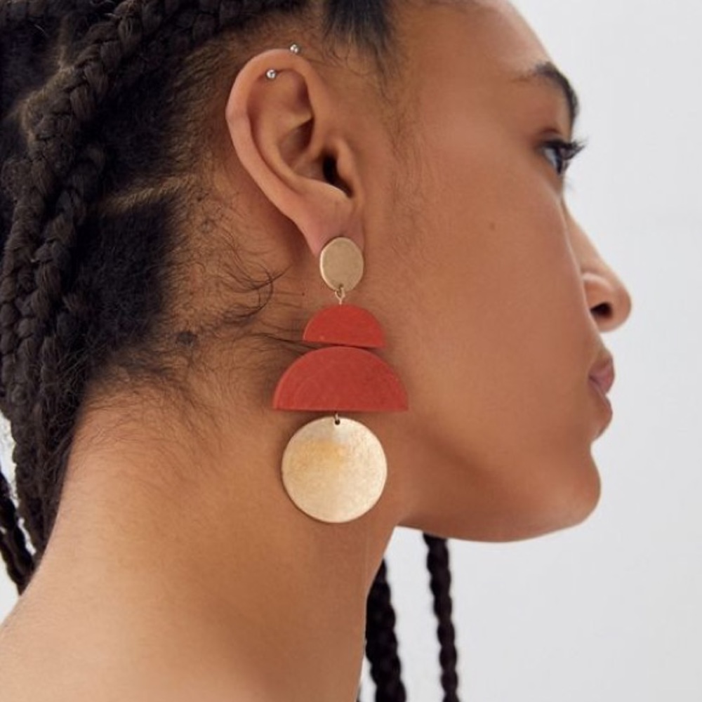 Urban Outfitters Jana wood statement drop earrings, black and gold.